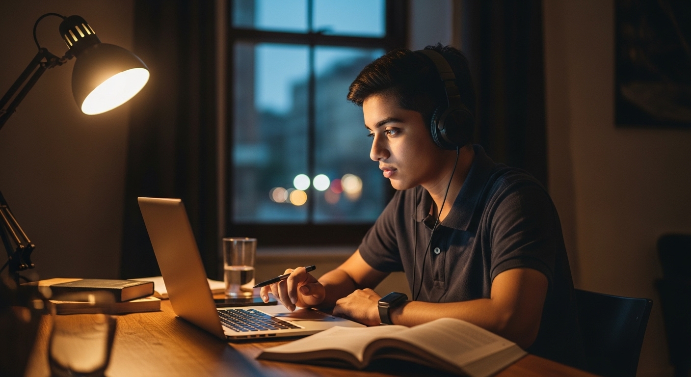 Student in Pakistan learning with an online tutor using a laptop at home.