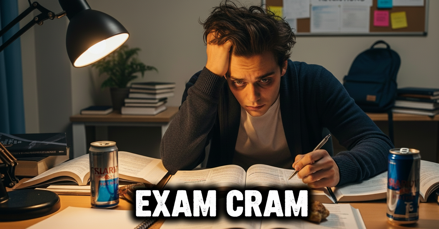 Stressed UK student preparing for exams and managing anxiety