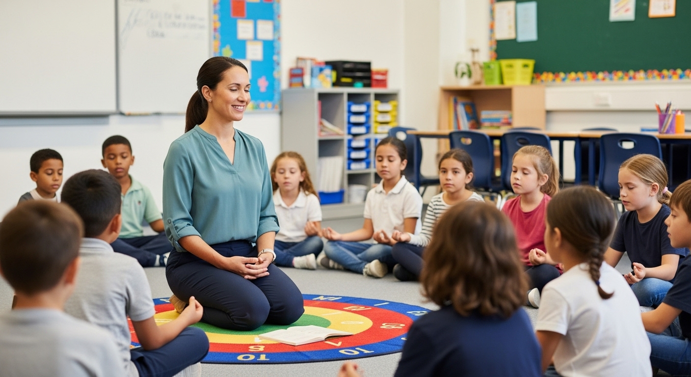Teacher leading a mindfulness activity for students during mental health education class
