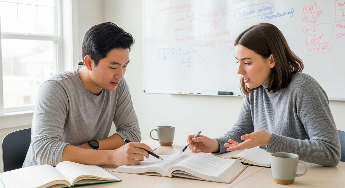 Students in active learning discussion explaining SAT strategies through 1-on-1 tutoring methods at study session focused on personalized test-taking approaches