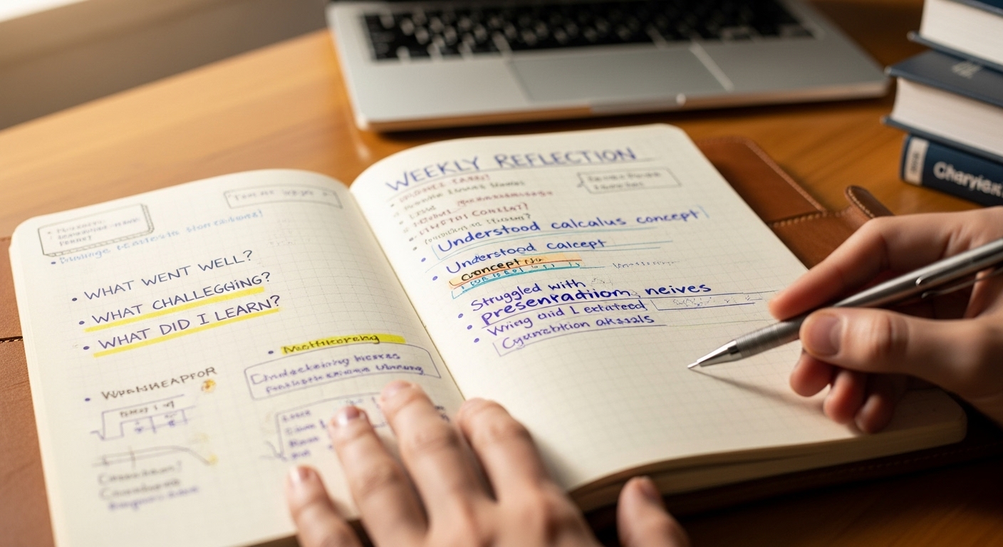 student writing reflective learning notes