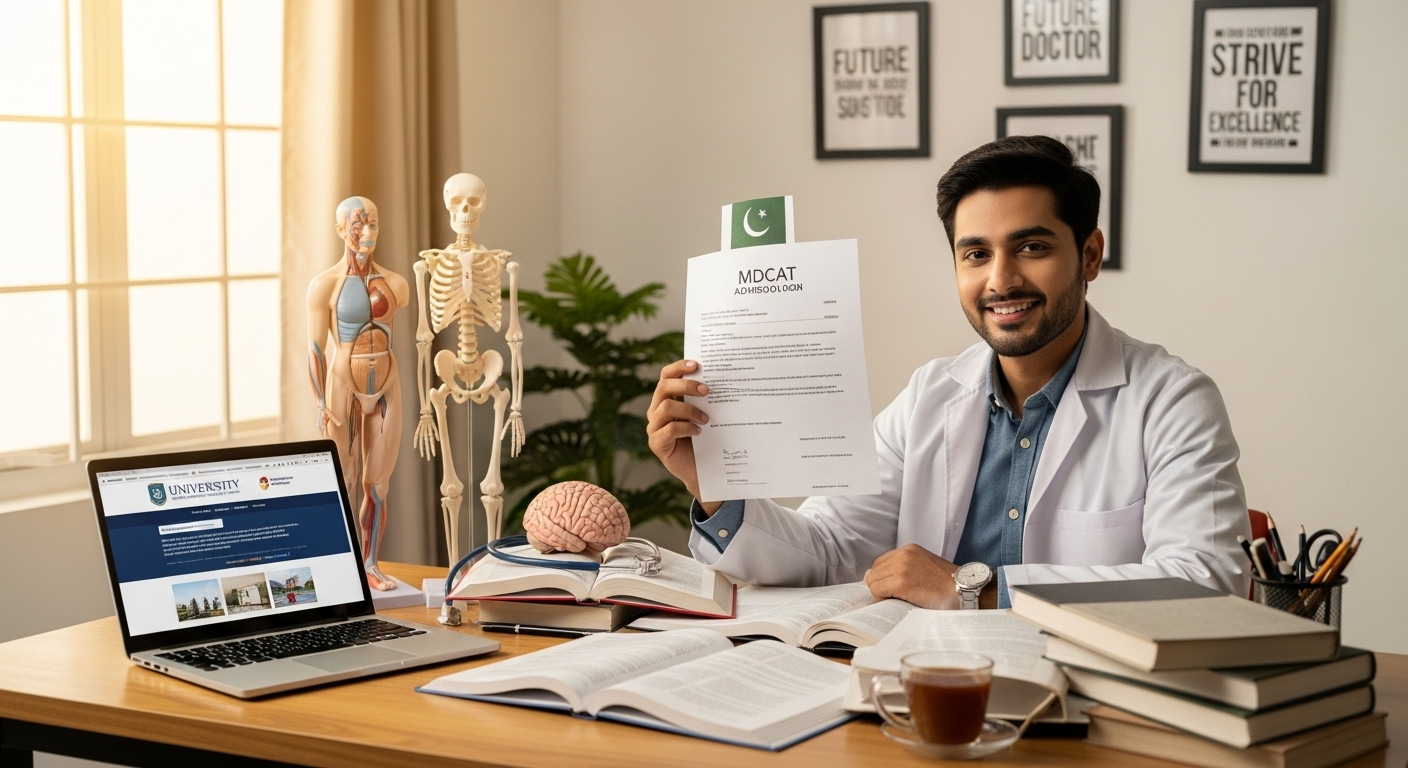 Pakistani student celebrating MDCAT success with medical books showing best MDCAT preparation tips and entry test preparation online tutoring
