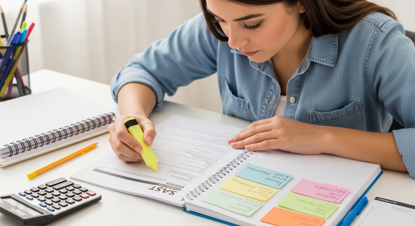 Student analyzing SAT practice test results with detailed mistake journal using sat tutoring online strategies and strategic note-taking methods for improvement