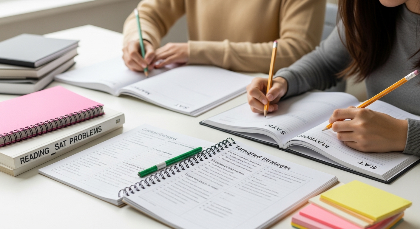 Student working through personalized SAT test prep materials with targeted reading comprehension and math problem strategies for customized test preparation success
