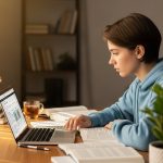 Student practicing online study habits at a desk.