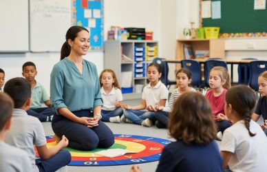 Teacher leading a mindfulness activity for students during mental health education class