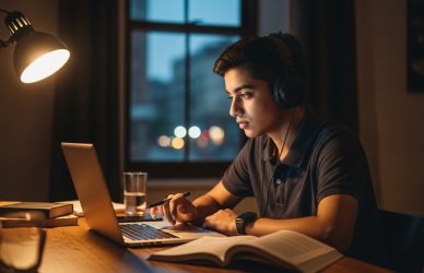 Student in Pakistan learning with an online tutor using a laptop at home.