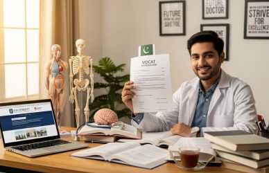 Pakistani student celebrating MDCAT success with medical books showing best MDCAT preparation tips and entry test preparation online tutoring