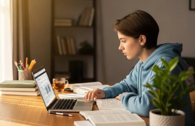 Student practicing online study habits at a desk.