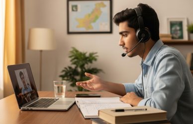 Pakistani student studying with online tutor on laptop for academic success in 2025